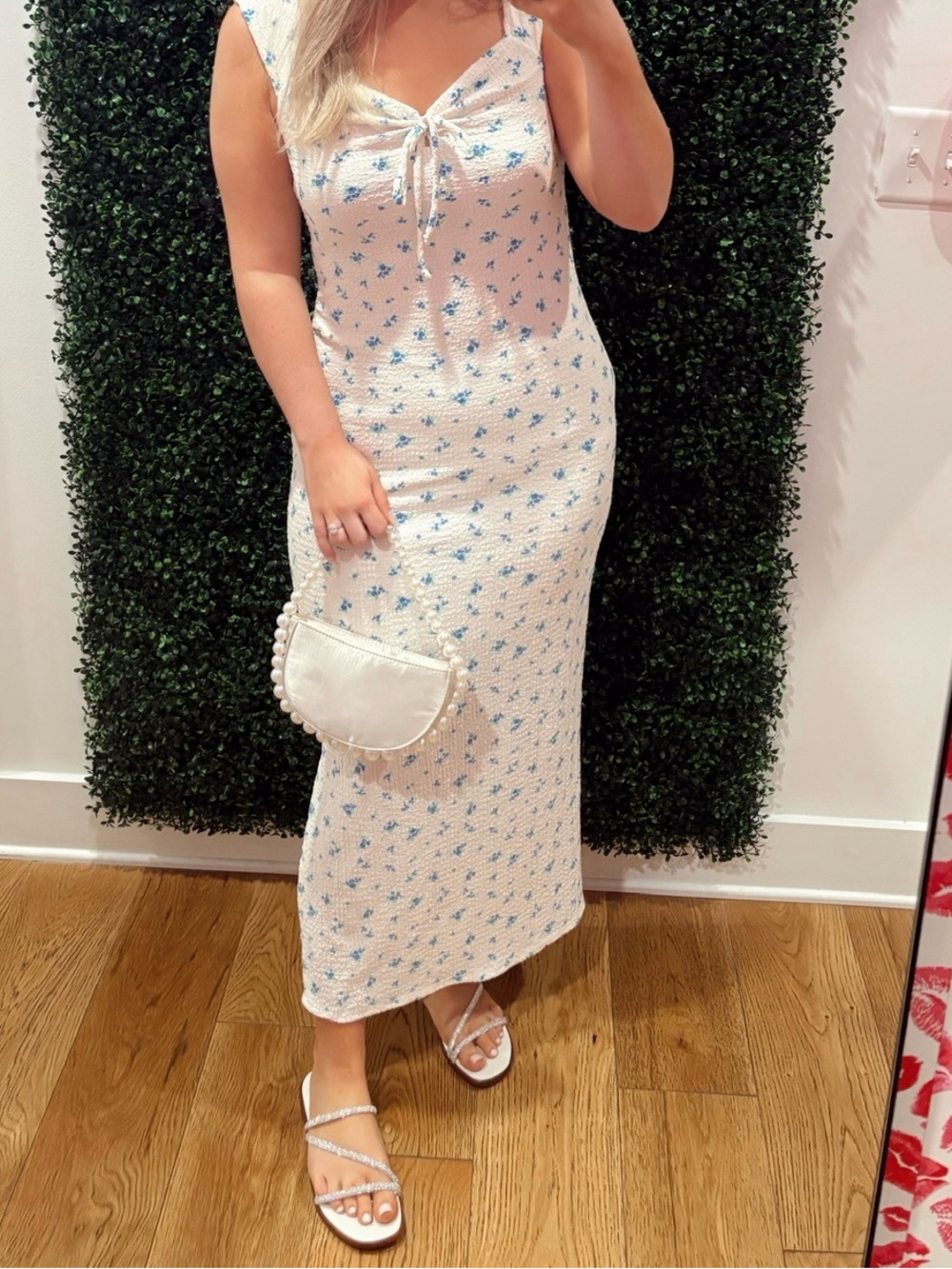 White Floral Tie-Front Midi Dress